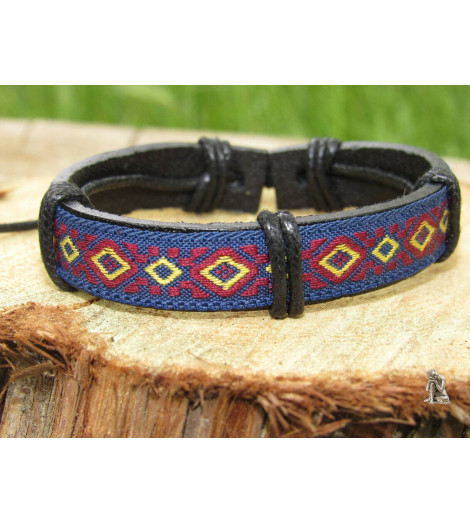 Bracelet Ethnique Tibétain cuir et tissus - Dominante bleue