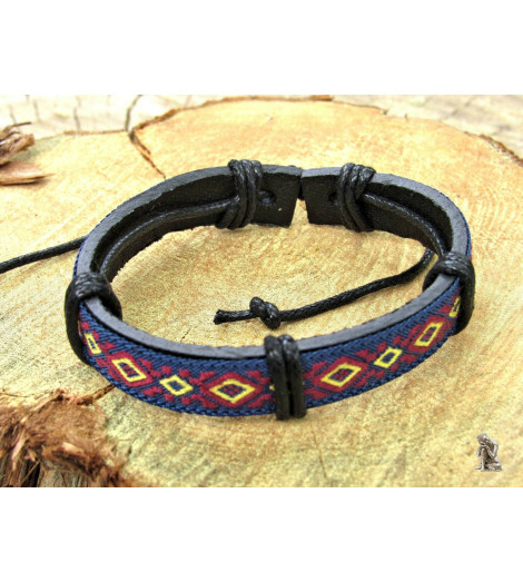 Bracelet Ethnique Tibétain cuir et tissus - Dominante bleue