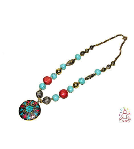 Collier Bohème Tibétain cloisonné disque-encens tradition