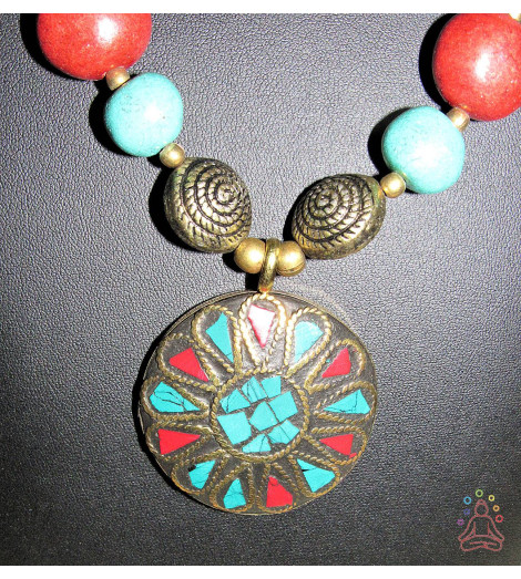 Collier Bohème Tibétain cloisonné disque-encens tradition
