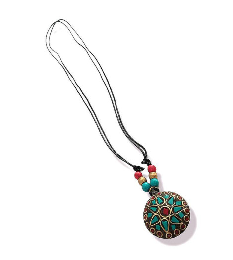 Pendentif Tibétain Disque Solaire Bleu Cloisonné