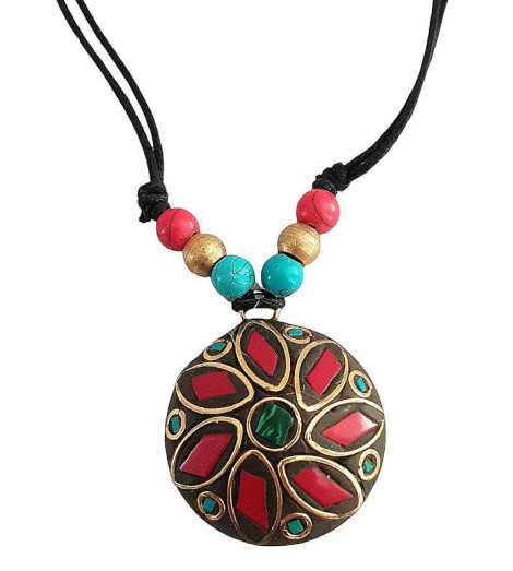 Pendentif Tibétain Disque Solaire Rouge
