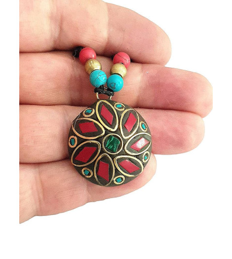 Pendentif Tibétain Disque Solaire Rouge