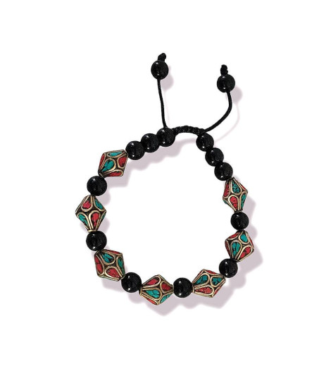 Bracelet Turquoise (pâte), Corail Népalais de Montagne, Agate Noire