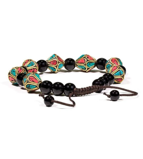 Bracelet Turquoise (pâte), Corail Népalais de Montagne, Agate Noire