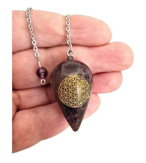 Pendule Divinatoire Améthyste Naturelle et Fleur de Vie