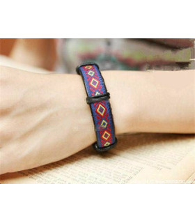Bracelet Ethnique Tibétain cuir et tissus - Dominante bleue