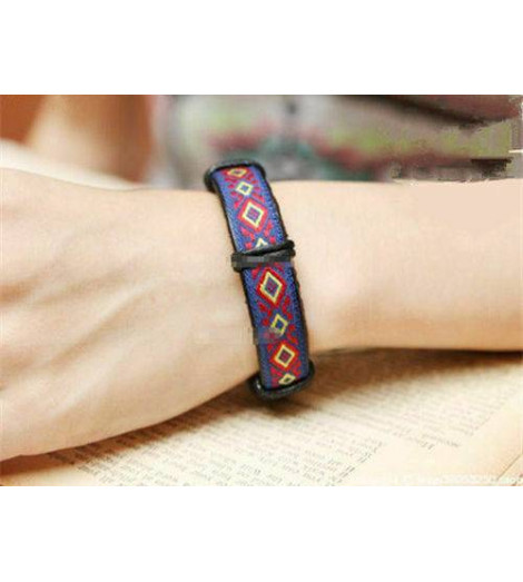 Bracelet Ethnique Tibétain cuir et tissus - Dominante bleue