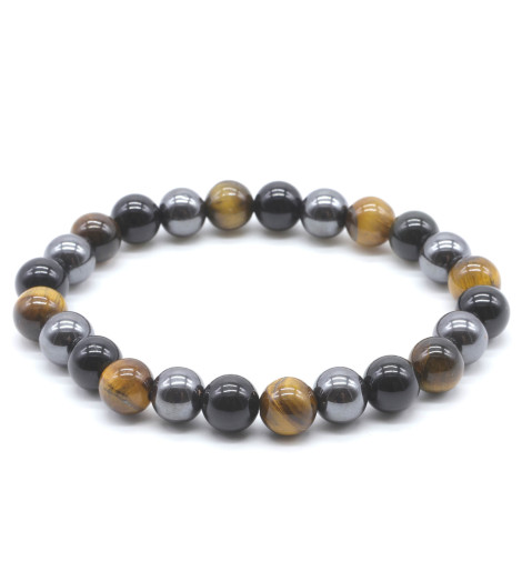 Bracelet Protection Obsidienne Noire, Hematite, Oeil de Tigre perles 8mm