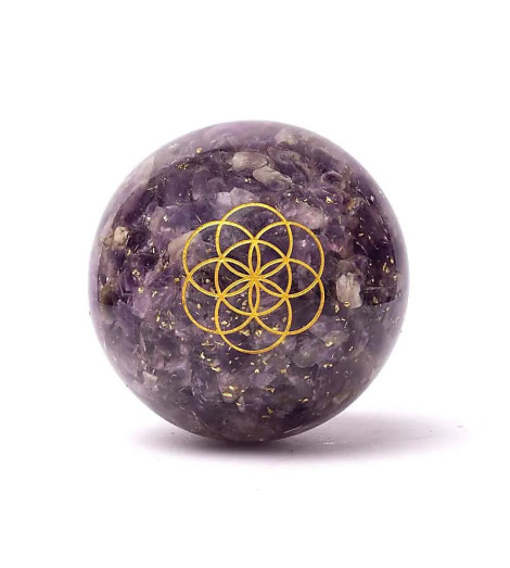 Sphère d'Orgonite Améthyste & Fleur de Vie Face 1