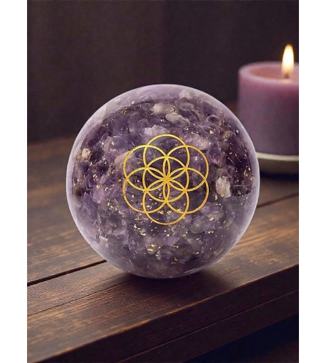 Sphère d'Orgonite Améthyste & Fleur de Vie ambiance bougie