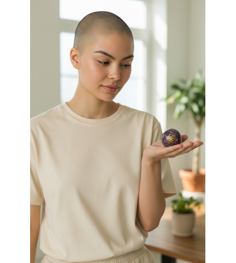 Sphère d'Orgonite Améthyste & Fleur de Vie en main