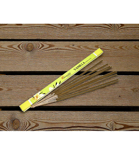 Encens Vanille Aromatika Boîte de 10 g bâtonnets sur table bois