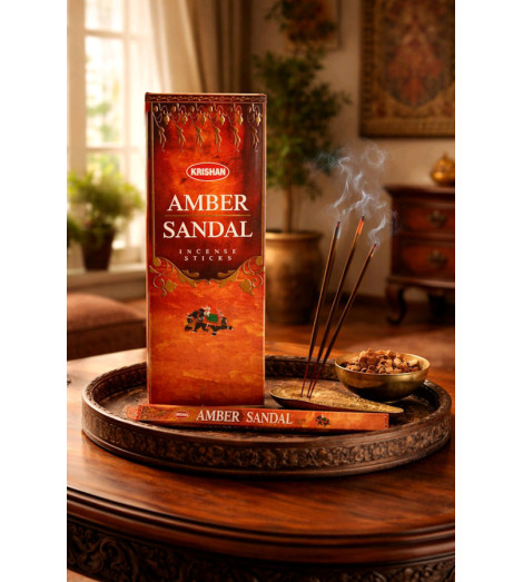 Encens Ambre & Santal Krishan – Boîte de 10 g sur plateau