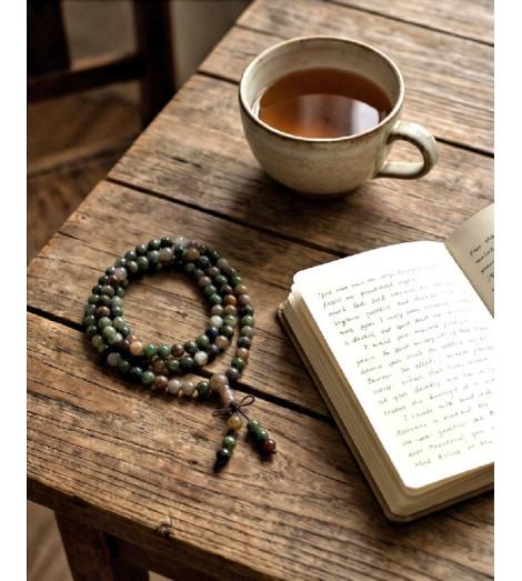 Mala en Agathe Naturelle – Collier de Méditation 108 Perles
