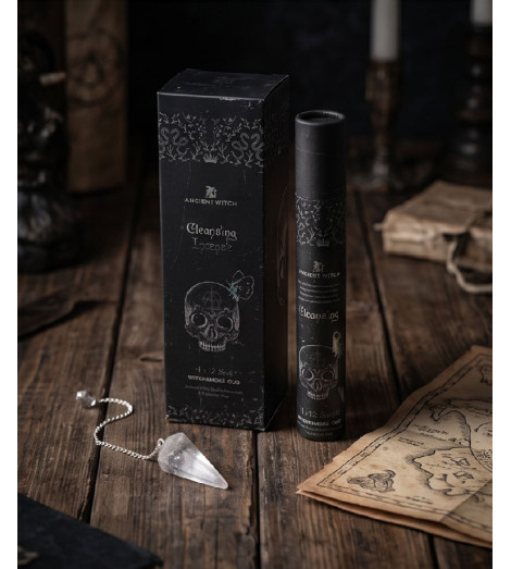 Encens Sortilège Purification Ancient Witch – packaging tube noir et pendule quartz