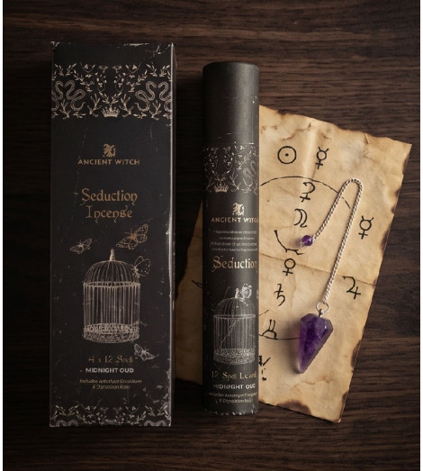 Encens Sortilège Séduction Ancient Witch – pendule améthyste et carte de divination astrologique
