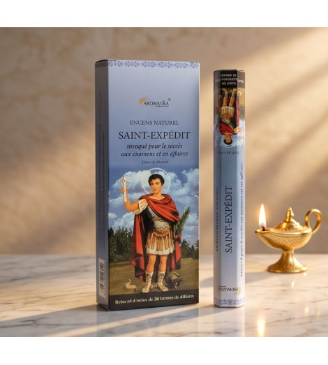 Encens Religieux Saint Expédit – Aromatika - boite et lampe à huile allumée