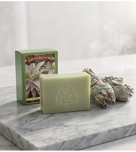Savon Aromatika à la Sauge Blanche – Pain de 125 g sur marbre
