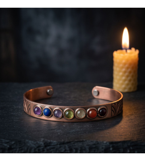 Bracelet Cuivre Aimanté - Pierres Naturelles 7 Chakras - Avec bougie