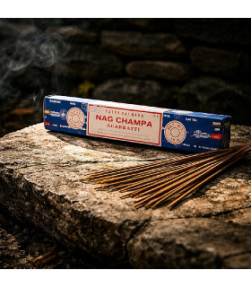Encens Nag Champa Satya Saï Baba – boite et bâtonnets sur pierre